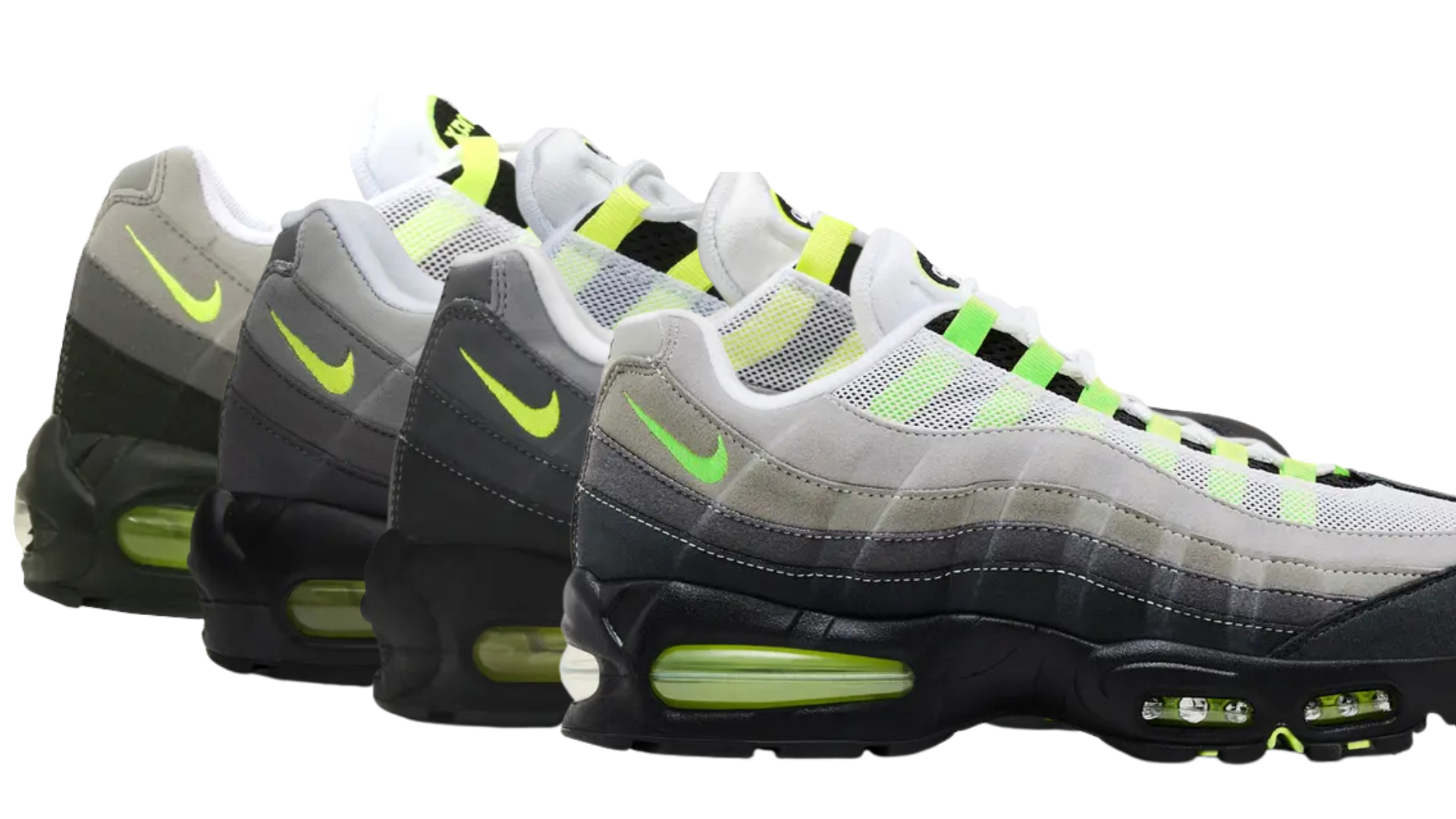 Nike Air Max 95 Neon releases from 1995 to 2026 including OG and Big Bubble editions
